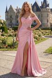 Pink Floral Ruched Mermaid Corset Long Prom Dress with Side Cape
