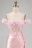 Pink Floral Ruched Mermaid Corset Long Prom Dress with Side Cape