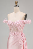 Pink Floral Ruched Mermaid Corset Long Prom Dress with Side Cape