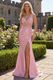 Pink Sheer Corset Mermaid 3D Flowers Long Prom Dress with Side Slit