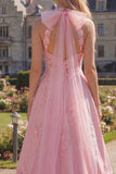 Halter Pink Corset A-Line Open Back Long Prom Dress with Bow