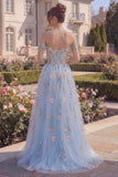 Blue Tulle A-Line Off the Shoulder Floral Corset Appliqued Long Prom Dress with 3D Flowers