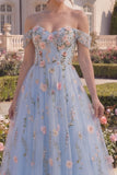 Blue Tulle A-Line Off the Shoulder Floral Corset Appliqued Long Prom Dress with 3D Flowers