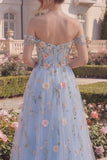 Blue Tulle A-Line Off the Shoulder Floral Corset Appliqued Long Prom Dress with 3D Flowers