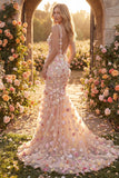Champagne Tulle Mermaid V-Neck Floral Appliqued Long Prom Dress