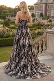 Black Pink Flower Tulle Strapless A-Line Floral Embroidered Long Prom Dress