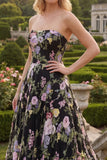 Black Pink Flower Tulle Strapless A-Line Floral Embroidered Long Prom Dress