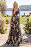 Black Pink Flower Tulle A-Line V-Neck Floral Embroidered Long Prom Dress