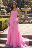 Hot Pink Tulle Sheath Strapless  Long Prom Dress with Ruffles