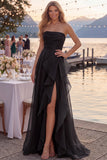 Tulle Navy A-Line Strapless Ruffled Ruched Long Prom Dress with Slit