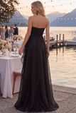 Tulle Navy A-Line Strapless Ruffled Ruched Long Prom Dress with Slit