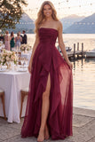 Tulle Navy A-Line Strapless Ruffled Ruched Long Prom Dress with Slit