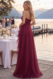 Tulle Navy A-Line Strapless Ruffled Ruched Long Prom Dress with Slit