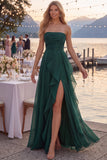 Tulle Navy A-Line Strapless Ruffled Ruched Long Prom Dress with Slit