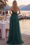 Tulle Navy A-Line Strapless Ruffled Ruched Long Prom Dress with Slit