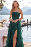 Tulle Navy A-Line Strapless Ruffled Ruched Long Prom Dress with Slit