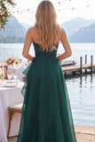 Tulle Navy A-Line Strapless Ruffled Ruched Long Prom Dress with Slit