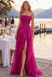 Tulle Navy A-Line Strapless Ruffled Ruched Long Prom Dress with Slit