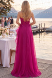 Tulle Navy A-Line Strapless Ruffled Ruched Long Prom Dress with Slit