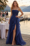Tulle Navy A-Line Strapless Ruffled Ruched Long Prom Dress with Slit