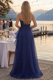 Tulle Navy A-Line Strapless Ruffled Ruched Long Prom Dress with Slit