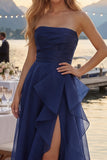 Tulle Navy A-Line Strapless Ruffled Ruched Long Prom Dress with Slit