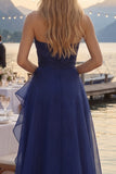 Tulle Navy A-Line Strapless Ruffled Ruched Long Prom Dress with Slit