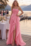 Tulle Navy A-Line Strapless Ruffled Ruched Long Prom Dress with Slit