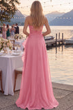 Tulle Navy A-Line Strapless Ruffled Ruched Long Prom Dress with Slit