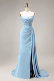 Satin Blue Mermaid Ruched Beaded Strapless Long Prom Dress with Slit