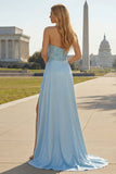 Satin Blue Mermaid Ruched Beaded Strapless Long Prom Dress with Slit