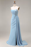 Satin Blue Mermaid Ruched Beaded Strapless Long Prom Dress with Slit