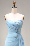 Satin Blue Mermaid Ruched Beaded Strapless Long Prom Dress with Slit