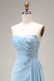 Satin Blue Mermaid Ruched Beaded Strapless Long Prom Dress with Slit