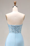 Satin Blue Mermaid Ruched Beaded Strapless Long Prom Dress with Slit