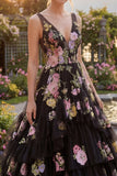 Black Pink Flower Tulle A-Line Floral V-Neck Tiered Embroidered Long Prom Dress