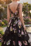 Black Pink Flower Tulle A-Line Floral V-Neck Tiered Embroidered Long Prom Dress