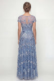 Dusty Blue A Line Short Sleeves Mother of the Bride Dress with Embroidery