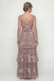 Dusty Rose Flower A Line Tiered Ruffle Long Mother of the Bride Dress with Sequins