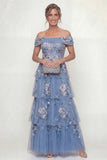 Off The Shoulder Dusty Blue Tiered A Line Long Mother of the Bride Dress with Embroidery