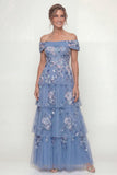 Off The Shoulder Dusty Blue Tiered A Line Long Mother of the Bride Dress with Embroidery
