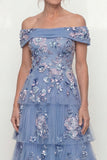 Off The Shoulder Dusty Blue Tiered A Line Long Mother of the Bride Dress with Embroidery