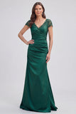V Neck Mermaid Dark Green Ruched Mother Of Bride Dress