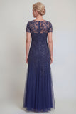 Appliqued A Line Dark Green Round Neck Mother Of Bride Dress