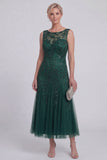 Dark Green Floral A Line Beaded Boat Neck Long Mother of The Bride Dress