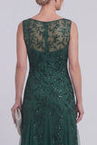 Dark Green Floral A Line Beaded Boat Neck Long Mother of The Bride Dress