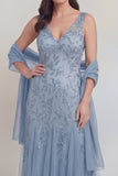 Grey Blue Floral V-Neck A Line Tulle Long Mother of The Bride Dress