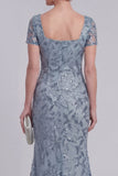 Grey Blue Floral Lace Mermaid Sequins Long Mother of The Bride Dress with Sleeves