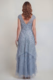 Grey Blue Lace Floral A Line Sequins Tiered Long Mother of The Bride Dress with Sleeves