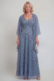 Navy Lace Floral A Line Sequins Long Mother of The Bride Dress with Jacket